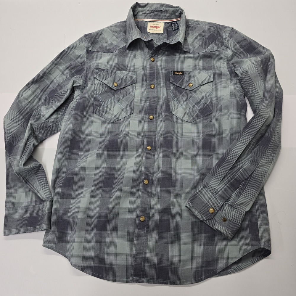 Wrangler‎ Mens Blue Grey Plaid Pearl Snap Western Shirt L 112322892